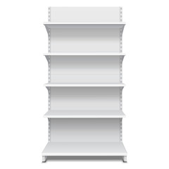 White Blank Empty Showcase Displays With Retail Shelves Front View 3D Products On White Background Isolated. Ready For Your Design. Product Packing. Vector EPS10