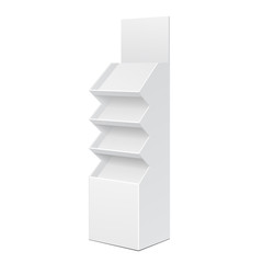 White Cardboard Floor Display Rack For Supermarket Blank Empty Displays With Shelves Products On White Background Isolated. Ready For Your Design. Product Packing. Vector EPS10