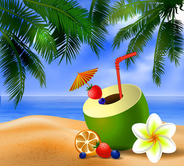 Fresh drinking coconut with a straw