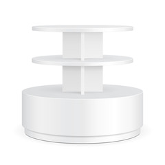 White Round POS POI Cardboard Floor Display Rack For Supermarket Blank Empty Displays With Shelves Products On White Background Isolated. Ready For Your Design. Product Packing. Vector EPS10