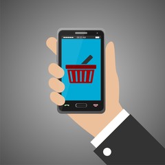 Hand holding smartphone with shopping bag icon