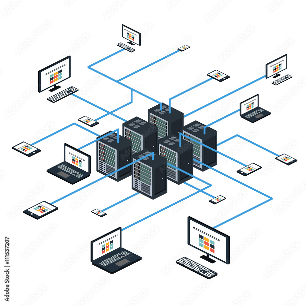 Wall mural data isometric set and network elements vector