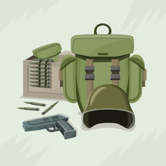 Military ammunition (helmet, box, backpack and gun). Vector Illustration.