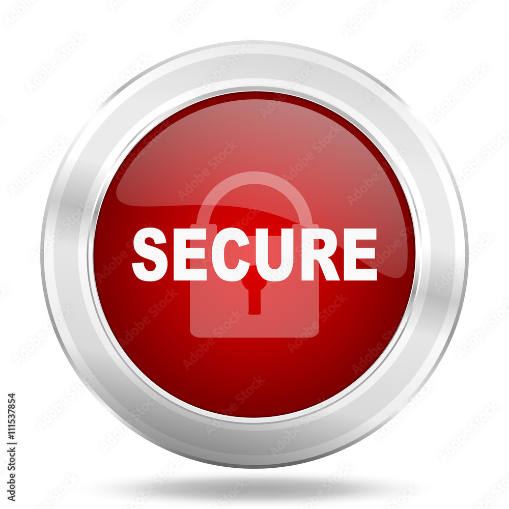 Poster secure icon, red round glossy metallic button, web and mobile app design illustration