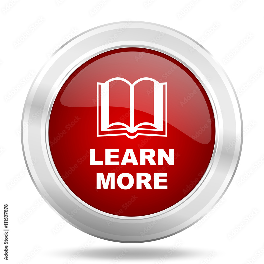 Poster learn more icon, red round glossy metallic button, web and mobile app design illustration