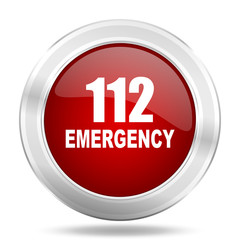 number emergency 112 icon, red round glossy metallic button, web and mobile app design illustration