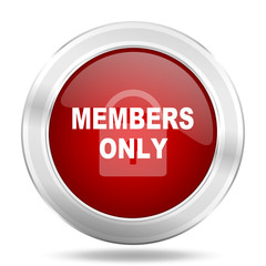 members only icon, red round glossy metallic button, web and mobile app design illustration
