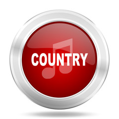 music country icon, red round glossy metallic button, web and mobile app design illustration