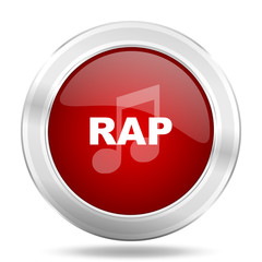 rap music icon, red round glossy metallic button, web and mobile app design illustration
