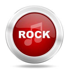 rock music icon, red round glossy metallic button, web and mobile app design illustration