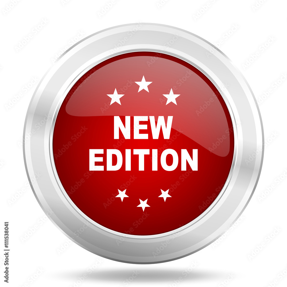 Aufkleber new edition icon, red round glossy metallic button, web and mobile app design illustration