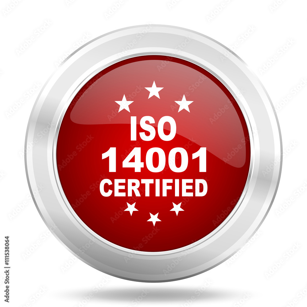 Poster iso 14001 icon, red round glossy metallic button, web and mobile app design illustration