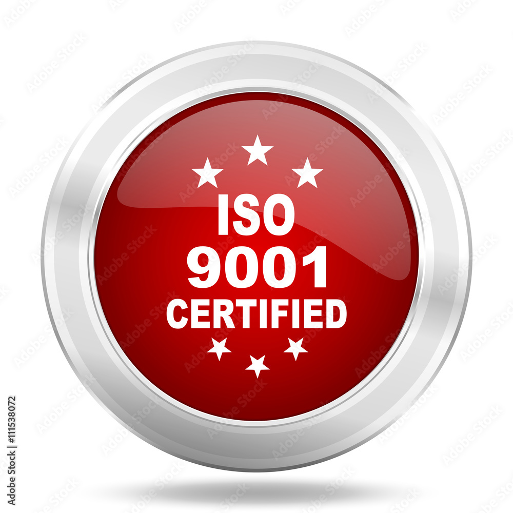 Poster iso 9001 icon, red round glossy metallic button, web and mobile app design illustration