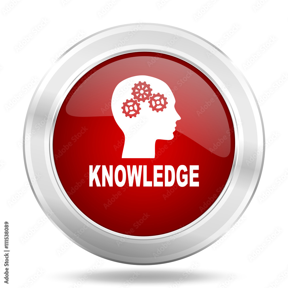 Poster knowledge icon, red round glossy metallic button, web and mobile app design illustration