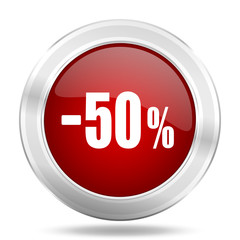 50 percent sale retail icon, red round glossy metallic button, web and mobile app design illustration