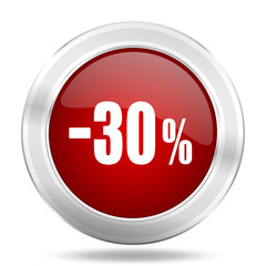 30 percent sale retail icon, red round glossy metallic button, web and mobile app design illustration