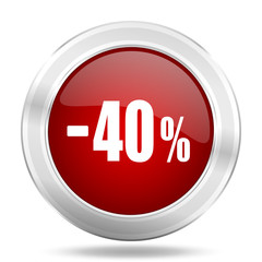 40 percent sale retail icon, red round glossy metallic button, web and mobile app design illustration