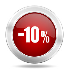 10 percent sale retail icon, red round glossy metallic button, web and mobile app design illustration