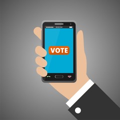 Hand holding smartphone with voting app on the screen