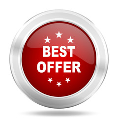 best offer icon, red round glossy metallic button, web and mobile app design illustration