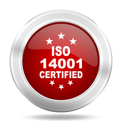 iso 14001 icon, red round glossy metallic button, web and mobile app design illustration