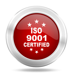 iso 9001 icon, red round glossy metallic button, web and mobile app design illustration