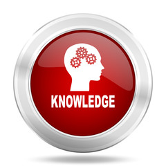 knowledge icon, red round glossy metallic button, web and mobile app design illustration