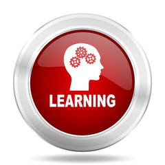 learning icon, red round glossy metallic button, web and mobile app design illustration