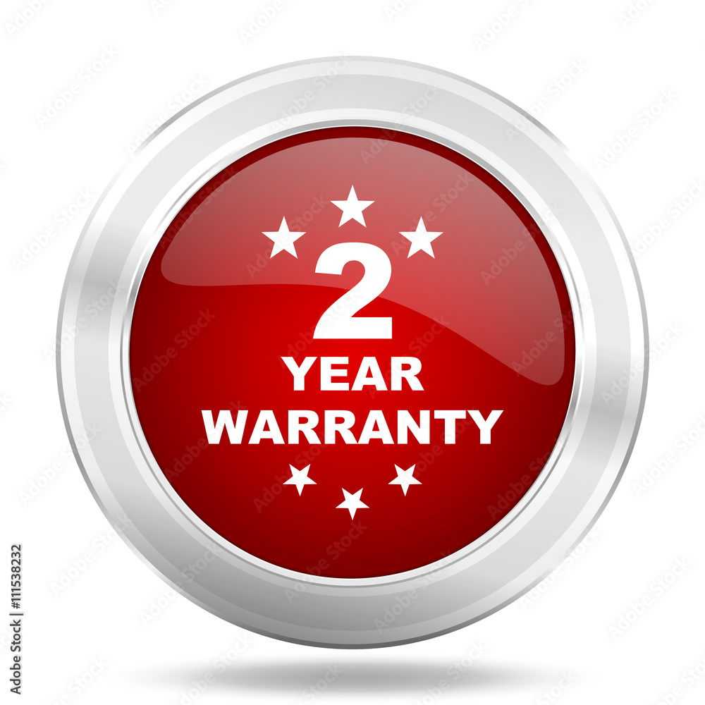 Poster warranty guarantee 2 year icon, red round glossy metallic button, web and mobile app design illustra
