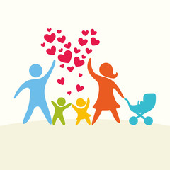 A happy family. Multicolored figures, loving family members. Parents: Mom, Dad, kids. Logo, icon, sign.