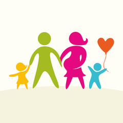 A happy family. Multicolored figures, loving family members. Parents: Mom, Dad, kids. Logo, icon, sign.