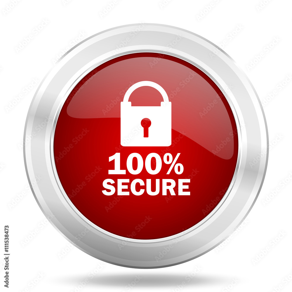 Poster secure icon, red round glossy metallic button, web and mobile app design illustration