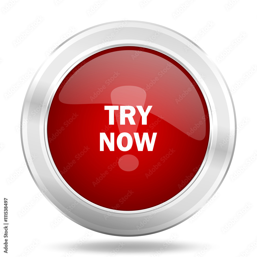 Aufkleber try now icon, red round glossy metallic button, web and mobile app design illustration