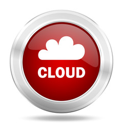 cloud icon, red round glossy metallic button, web and mobile app design illustration