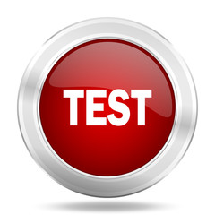 test icon, red round glossy metallic button, web and mobile app design illustration