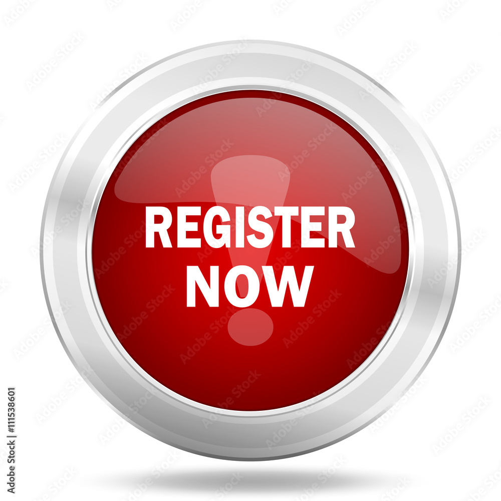 Poster register now icon, red round glossy metallic button, web and mobile app design illustration