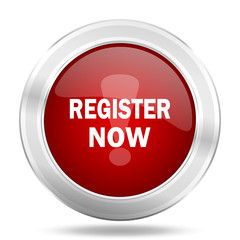 register now icon, red round glossy metallic button, web and mobile app design illustration