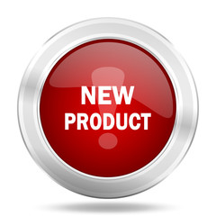 new product icon, red round glossy metallic button, web and mobile app design illustration