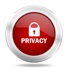 privacy icon, red round glossy metallic button, web and mobile app design illustration