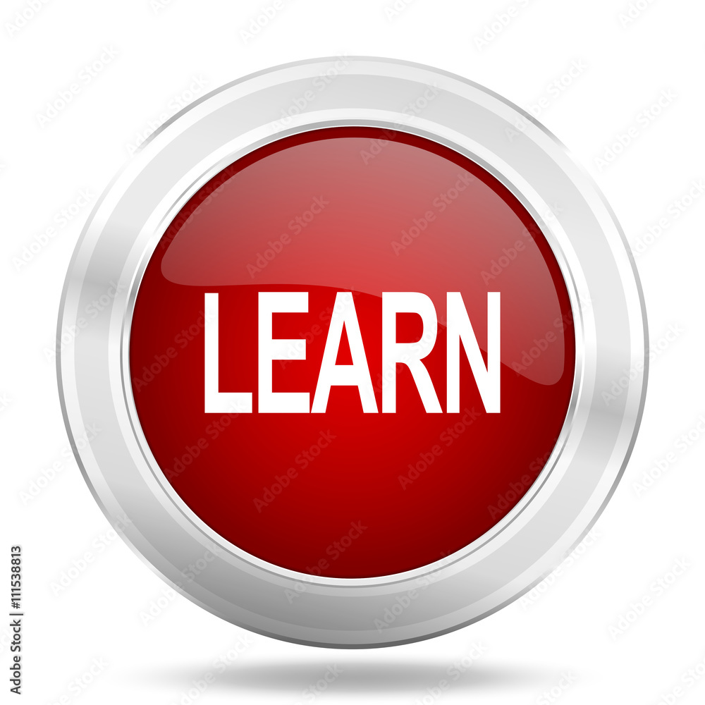 Poster learn icon, red round glossy metallic button, web and mobile app design illustration