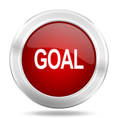 goal icon, red round glossy metallic button, web and mobile app design illustration