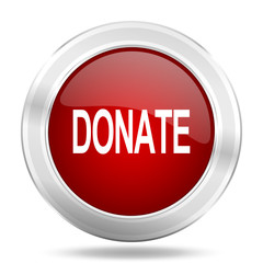 donate icon, red round glossy metallic button, web and mobile app design illustration