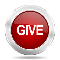 give icon, red round glossy metallic button, web and mobile app design illustration