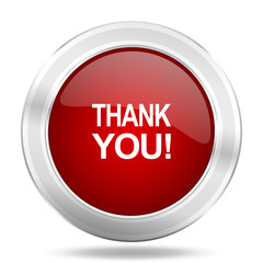 thank you icon, red round glossy metallic button, web and mobile app design illustration