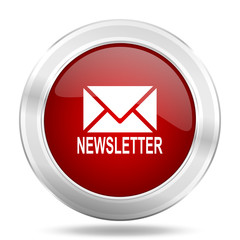 newsletter icon, red round glossy metallic button, web and mobile app design illustration