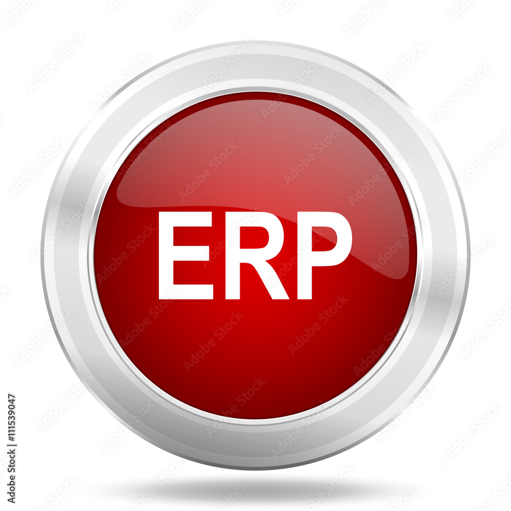 Poster erp icon, red round glossy metallic button, web and mobile app design illustration