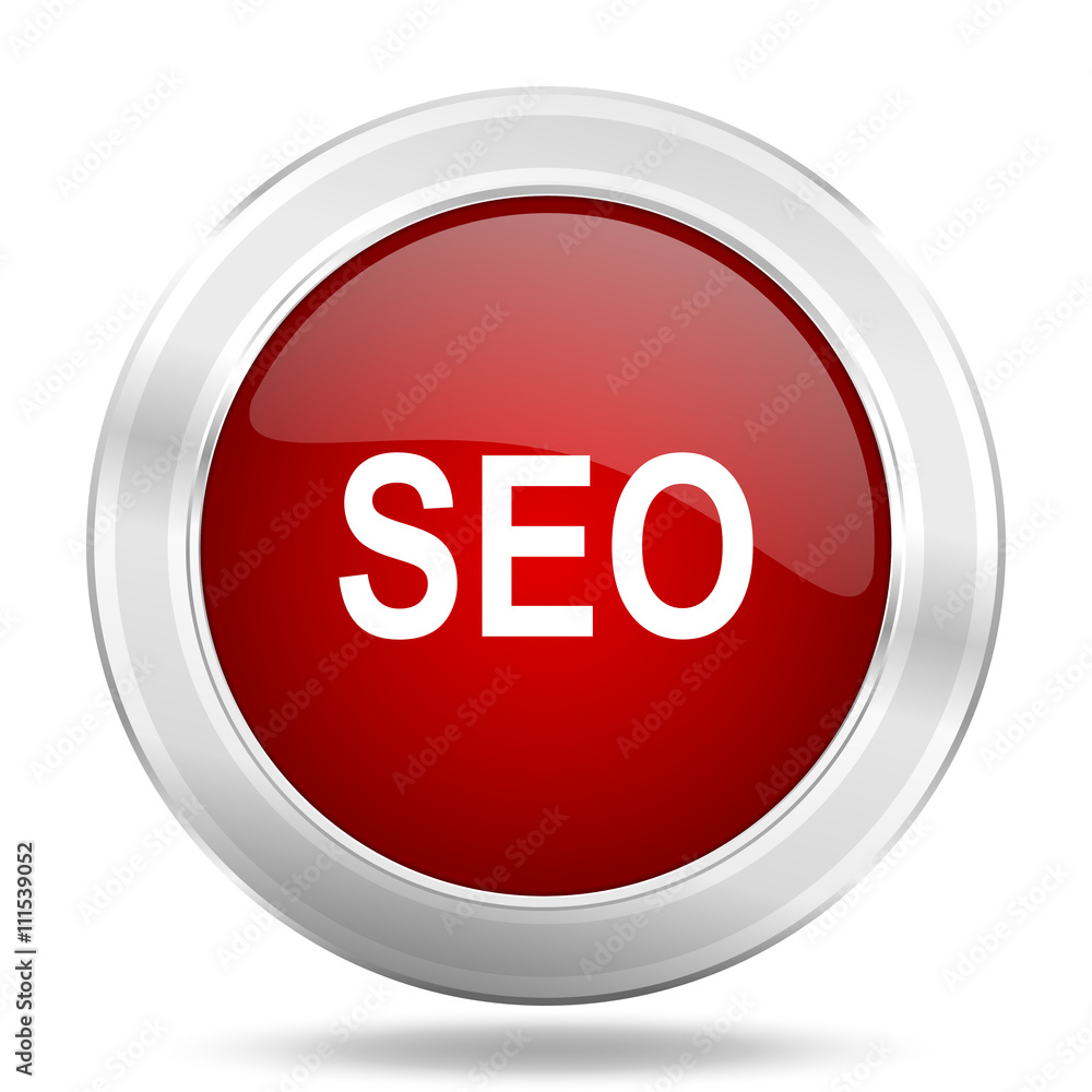 Poster seo icon, red round glossy metallic button, web and mobile app design illustration