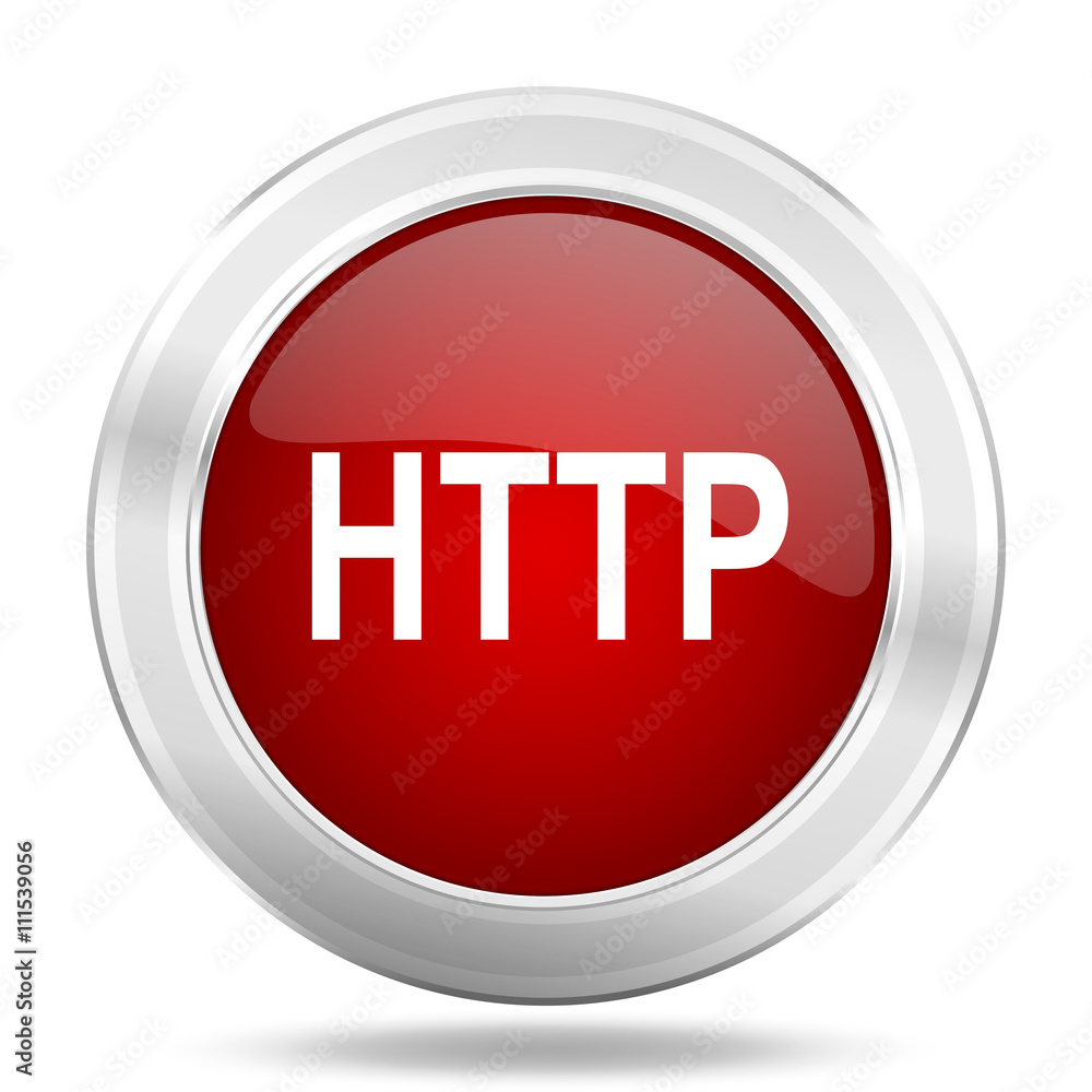 Poster http icon, red round glossy metallic button, web and mobile app design illustration