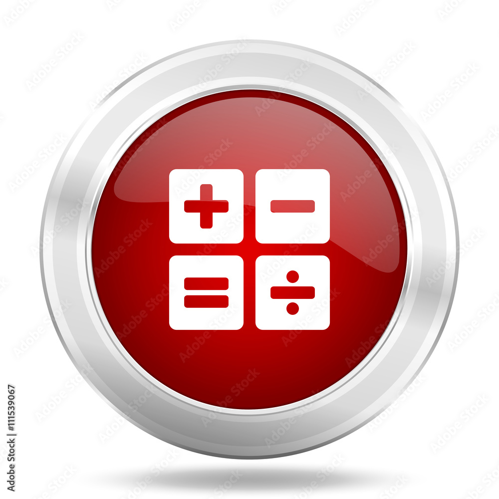 Poster calculator icon, red round glossy metallic button, web and mobile app design illustration