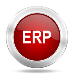 erp icon, red round glossy metallic button, web and mobile app design illustration